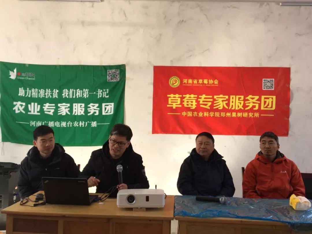草莓專家團(tuán)周厚成（左二）、李亮杰（左一）、杜小亮（右一）與農(nóng)戶互動