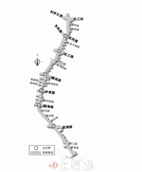 截至目前，僅剩西三環(huán)跨長江路、丹青路高架橋金水河處一座箱梁尚未澆筑。