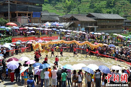 圖為當(dāng)?shù)丶t瑤民眾舞起長龍祈求風(fēng)調(diào)雨順。中新社發(fā) 韋吉陽 攝