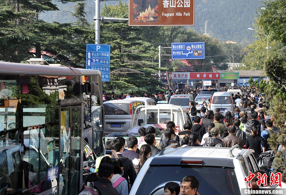 圖為10月26日上午10點(diǎn)多，北京香山路賞紅客摩肩接踵