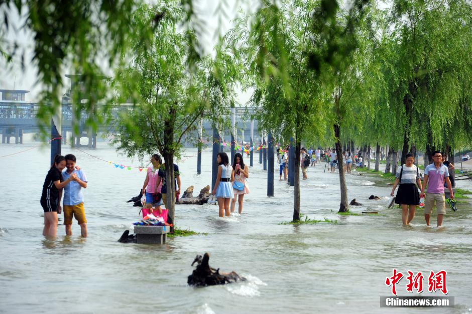 江武漢關(guān)水位超過25米“設防線” 民眾江邊戲水