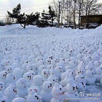 網(wǎng)傳“煙臺男子大學(xué)生堆1314個雪人表白”。微博圖