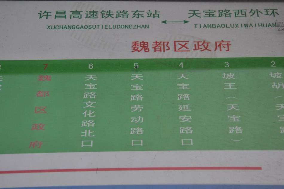 魏都區(qū)政府對(duì)面的公交站牌顯示此站為魏都區(qū)政府。來(lái)源：光明網(wǎng)