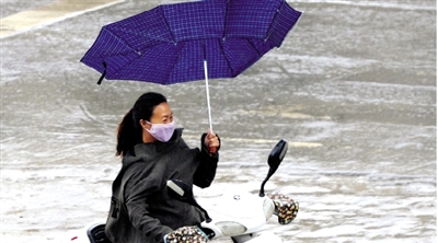 昨日下午，隴海路上，雨中風(fēng)大，一位女士的傘被吹翻了。