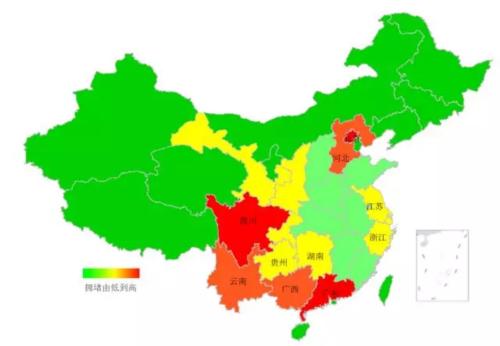端午期間省域擁堵情況。來源：交通部聯(lián)合其他機(jī)構(gòu)發(fā)布的《2018年端午全國(guó)公路網(wǎng)出行預(yù)測(cè)報(bào)告》。