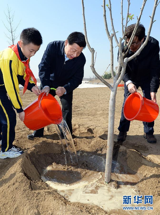 這是習(xí)近平同大家一起給剛栽下的樹苗澆水。