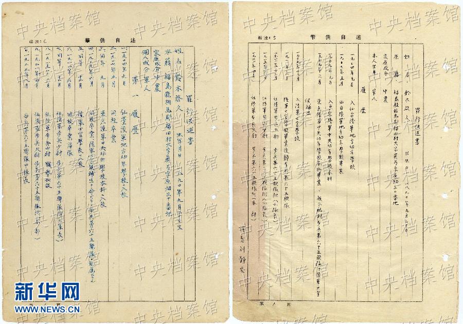 這是日本戰(zhàn)犯鈴木啟久的部分筆供原文（左圖）和鈴木啟久筆供的中文譯文（右圖）。