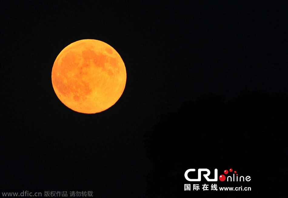 8月10日晚，一輪金燦燦的大月亮在遼寧省大連市東方升起。圖片來源：劉德斌/東方IC
