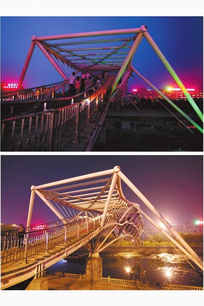 花園路西側(cè)東風(fēng)渠景觀橋，上圖攝于7月31日晚間，下圖攝于10月9日晚間。
