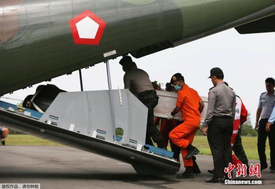 資料圖：當(dāng)?shù)貢r間2015年1月19日，印尼龐卡蘭布翁，依斯干達空軍基地，救援隊成員正將裝有亞航失事飛機遇難者尸體的棺材抬上一架CN2950運輸機。