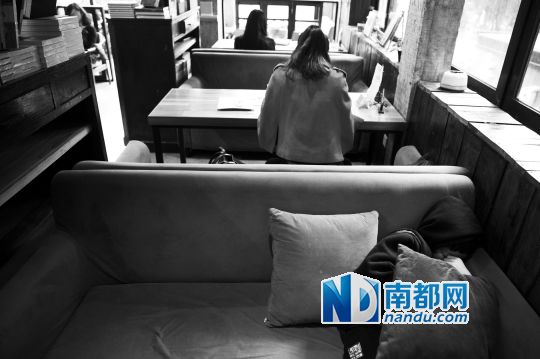 12月12日上午，不打烊書店里，12歲的楊東吃完午飯后抱著抱枕蜷在沙發(fā)里睡覺(jué)。